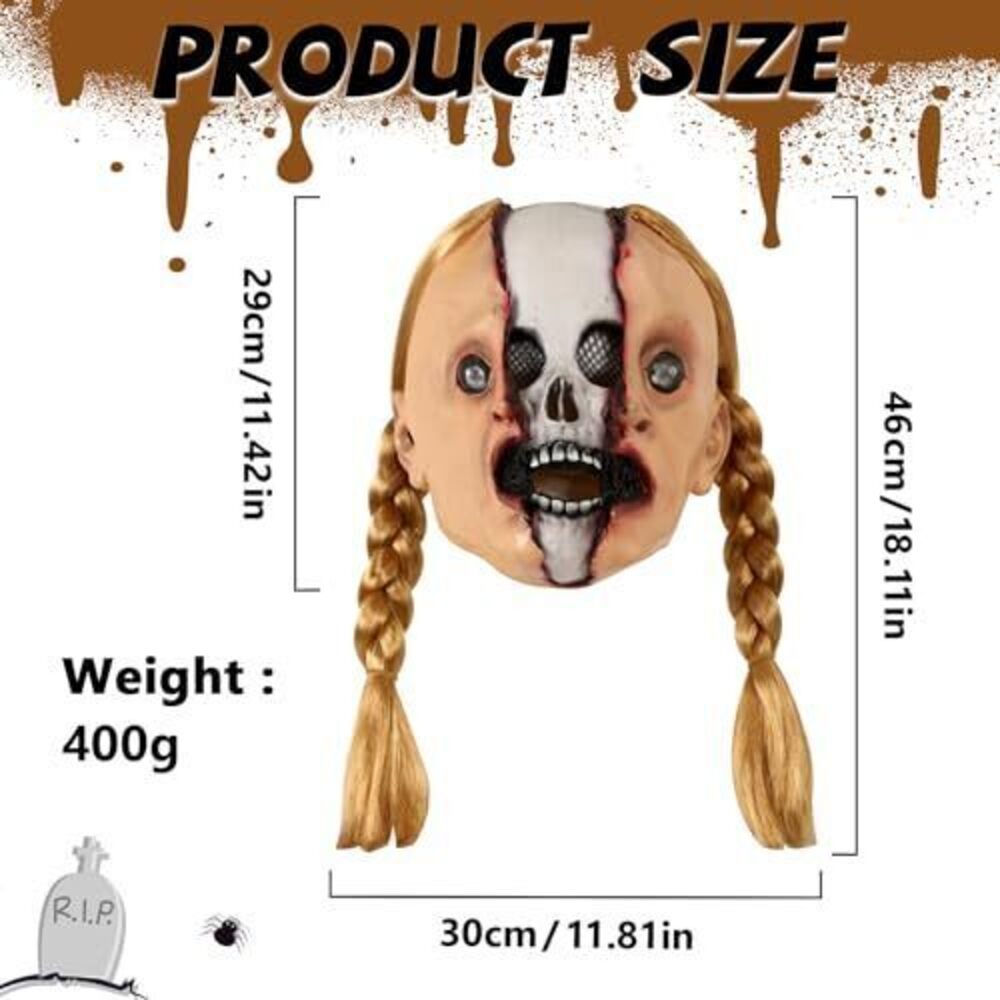 5377 Scary Skull Mask Realistic Skeleton Creepy Scream Doll Mask with Wig - Picture 3 of 7